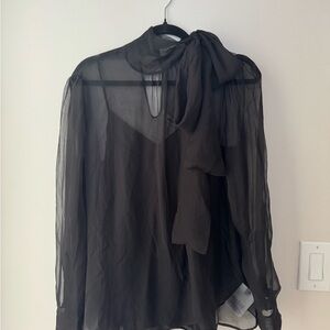 Valentino Sheer Black Silk Tie Neck Blouse (defect, see picture)